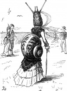 Snail lady walking on beach